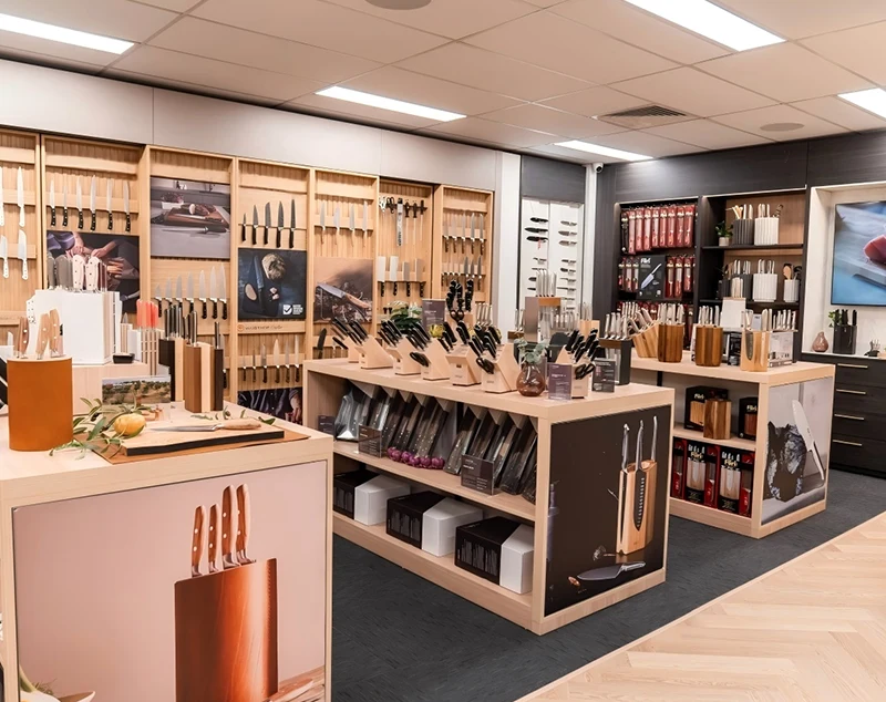 ONI Display Knife Display Cabinet for Kitchenware Showroom with Wooden Showcases & Blade Signage