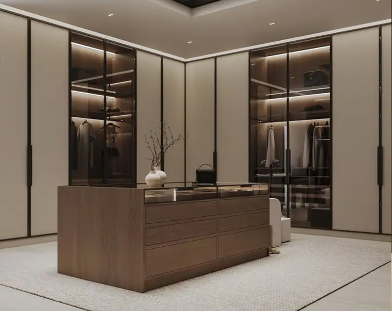 ONI Display Light-Toned Wardrobe Space: Minimalist Glass Closets × Dark Wood Island System