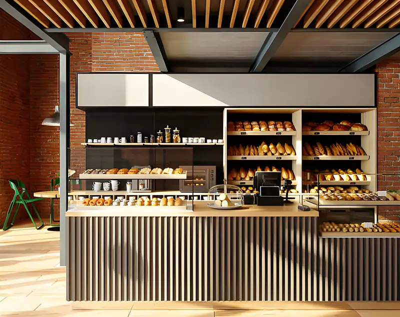ONI Display Slatted Wood Coffee Kiosk with Illuminated Food Store Shelves & Cafe Counter