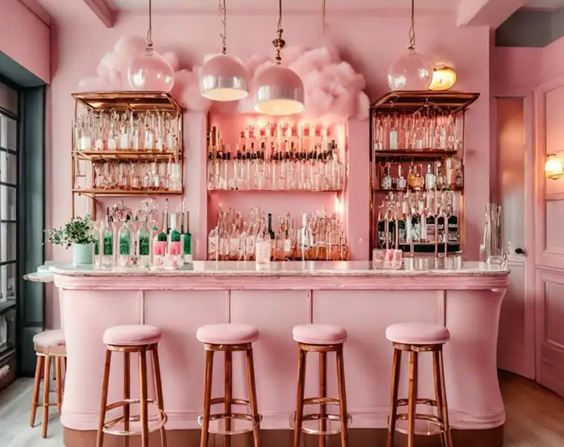 ONI Display Pink-Hued Libation Oasis: Mirrored Metal Racks × Arced Matte Bar
