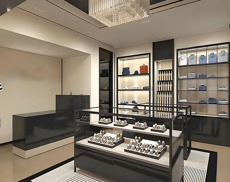 ONI Display | Luxe Black Framed Clothing and Garment Racks with Illuminated Retail Display Wall