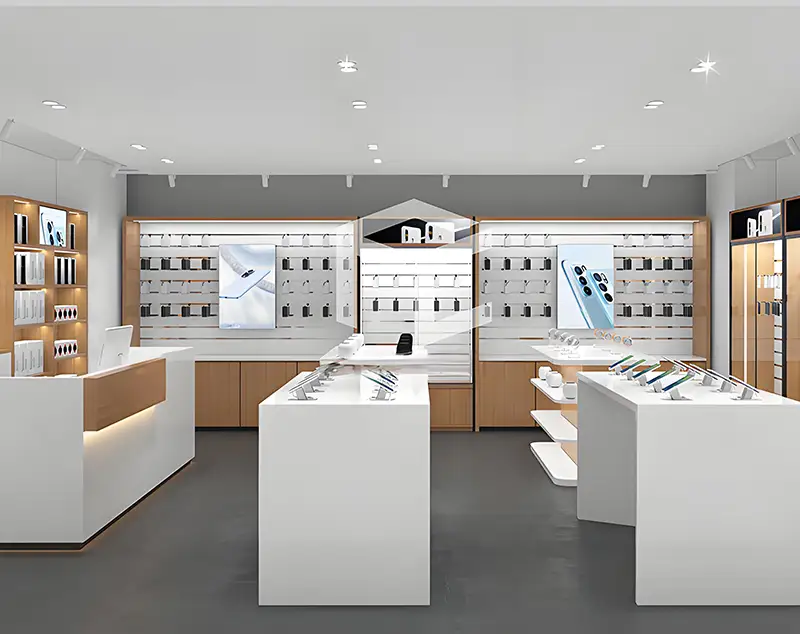 ONI Display Sleek White Cell Phone Kiosk with Wall Grid Panels