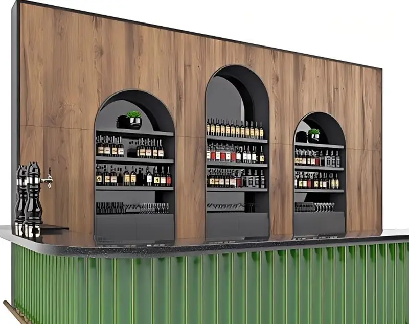 ONI Display Mobile Community Hub: Green-Toned Wood Kiosk × Smart Stone Bar System