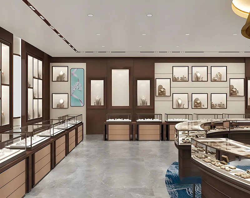 ONI Display Elegant Jewelry Kiosk Design with Warm Walnut Tones and Framed Glass Showcases
