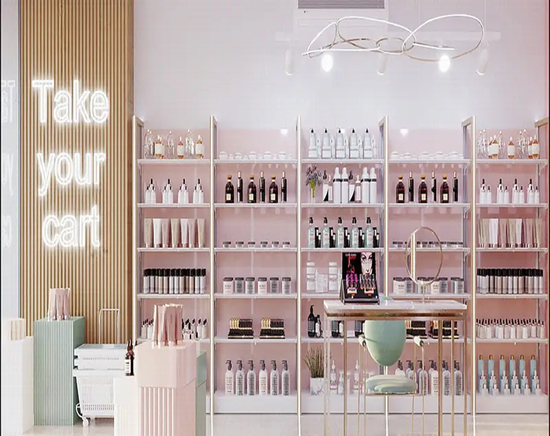 ONI Display Frosted Glass Shelves Lined in Brass, Enhancing Cosmetic Shop Interior Design