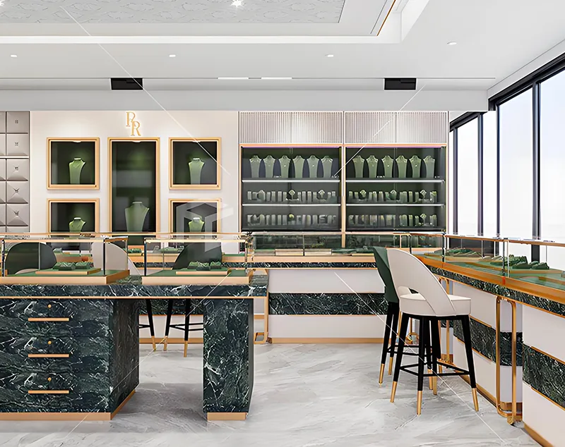 ONI Display Emerald Marble & Brass Accents for Luxurious Jewellery Shop Furniture Design