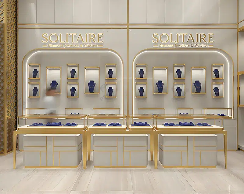 ONI Display Ivory Gold Arched Wall Panels with Jewelry Counters in Harmony