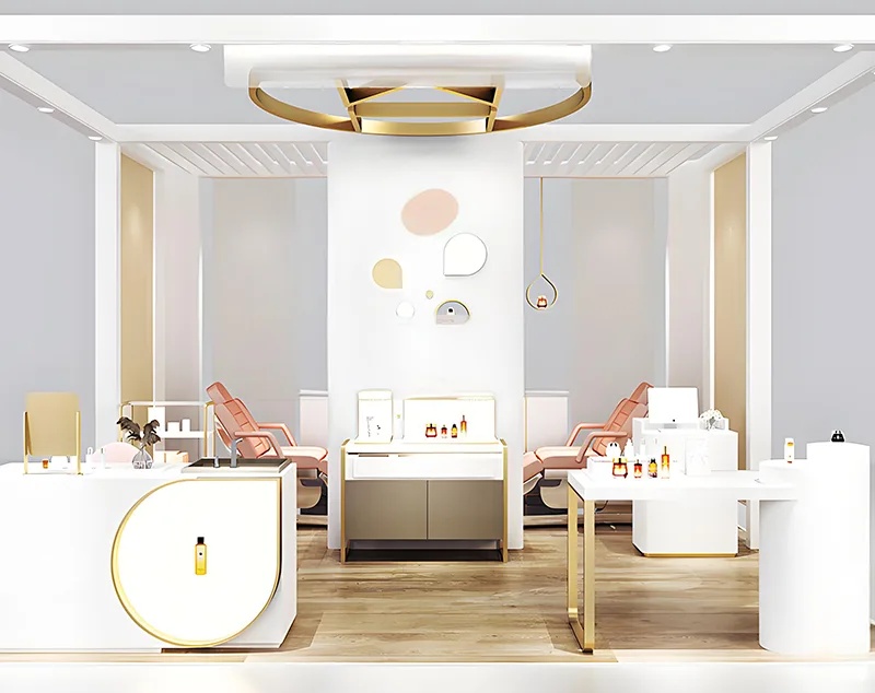 ONI Display Glossy White Retail Kiosk with Gold Accents for Perfume & Beauty Showcase