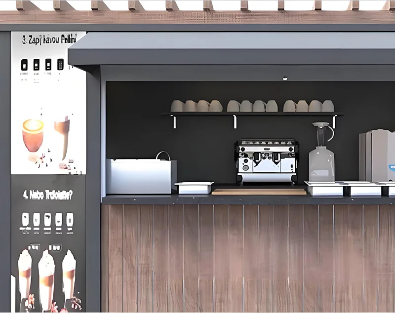 ONI Display Compact Urban Small Coffee Kiosk Design with Industrial Timber Aesthetic