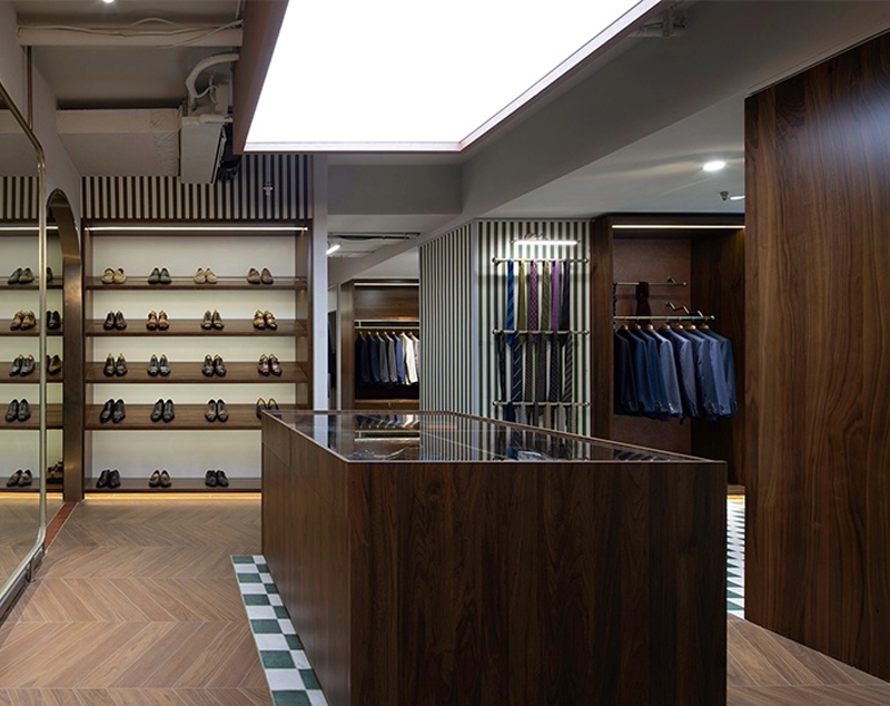 ONI Display Walnut Menswear Furniture in Tailored Garments Shop Design
