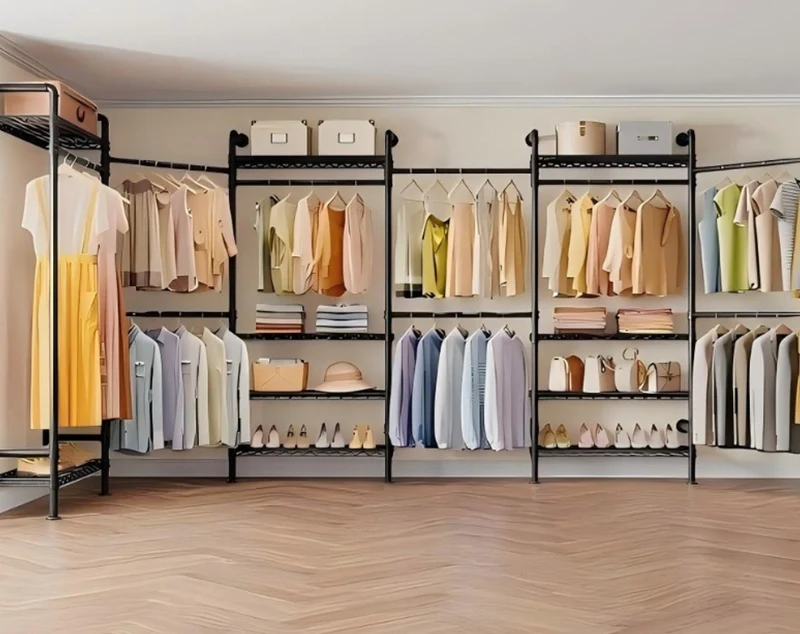 ONI-Shopfitting Corner-Fit Matte Black Garments Display Racks with Adjustable Wall Racks