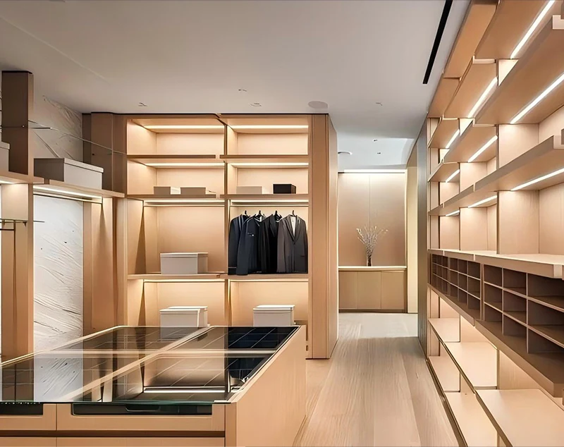 ONI-Shopfitting Ambient Light Wood-Toned Retail Store Display Shelves with Multi-Layer Wall Units