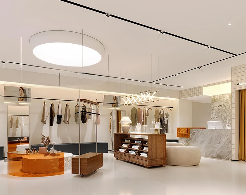 Cream - Toned Clothing Shop Interior: Soft Apparel Displays & Cozy Design