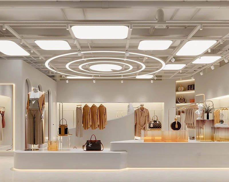 ONI-Shopfitting Modern Beige Retail Store Design with Streamlined Display Racks and Curved Elements