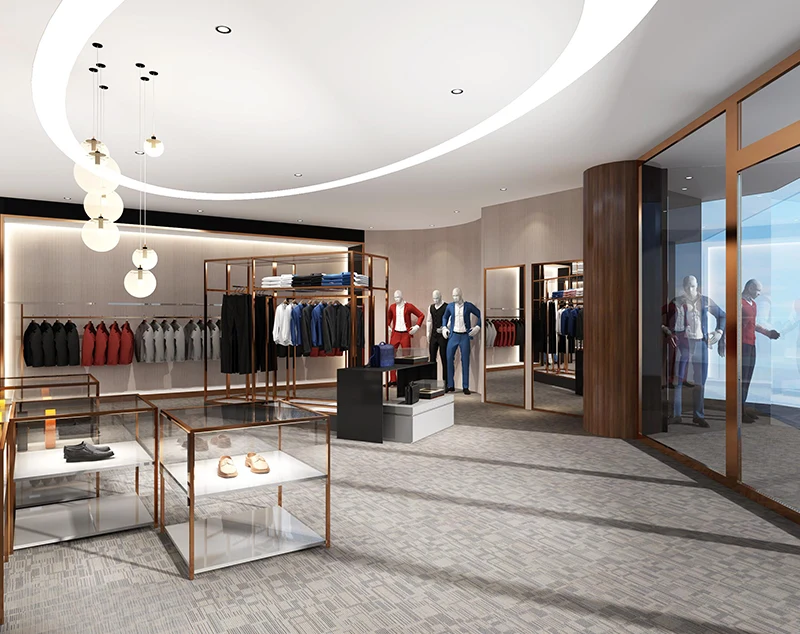 ONI-Shopfitting "Modern Minimalist Rose-Gold Metal & Glass Rack Display for Boutique Stores"