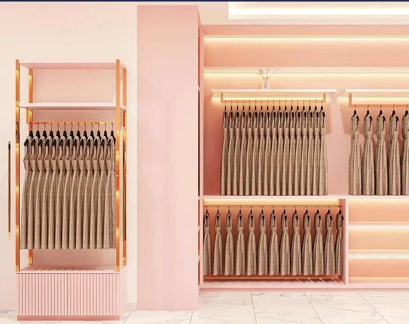 ONI-Shopfitting Rose Gold Velvet Rack & Soft Pink Wall Mounted shop shelf design