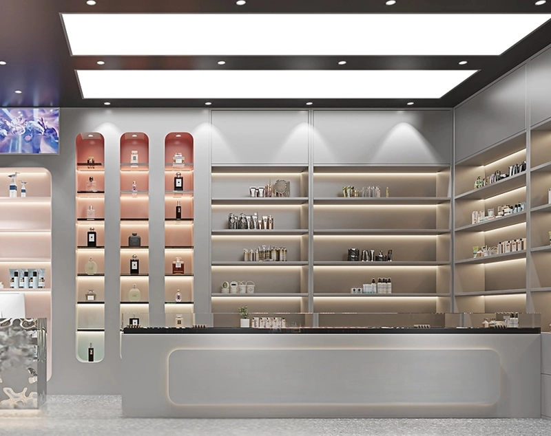 ONI Display Sleek Grey Display Case for Modern Cosmetic Shop Interior