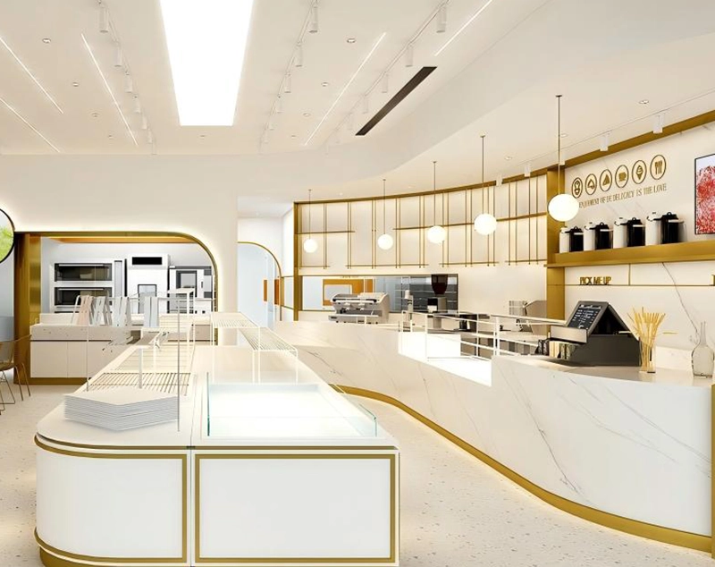ONI Display White-Gold Bakery Space: Antique Gold Glass Cases & Streamlined Cafe Counter System
