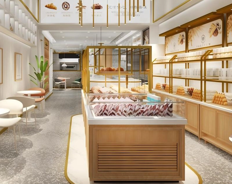 ONI Display Beige-Gold Open Bakery: Wood & Gold-Trim Glass Display Cases