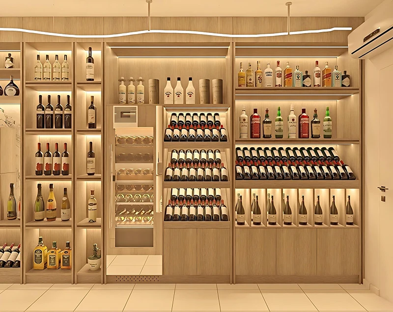 ONI-Shopfitting Wall Mounted Display Case in Light Oak Finish for Wine & Liquor Retail Spaces