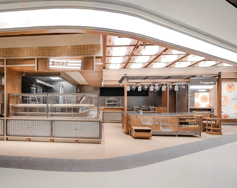 ONI-Shopfitting Modular Wood & Steel Bakery Shelves with Integrated Seating for Food Store Display"
