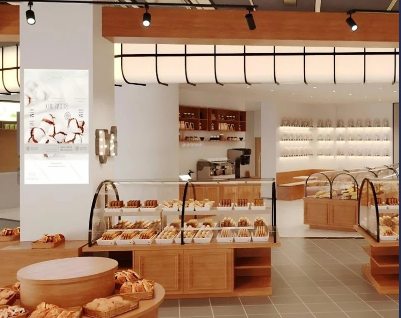 ONI-Shopfitting Natural Wood Display Cabinet Bakery System with Arched Glass for Modern Retail Counters