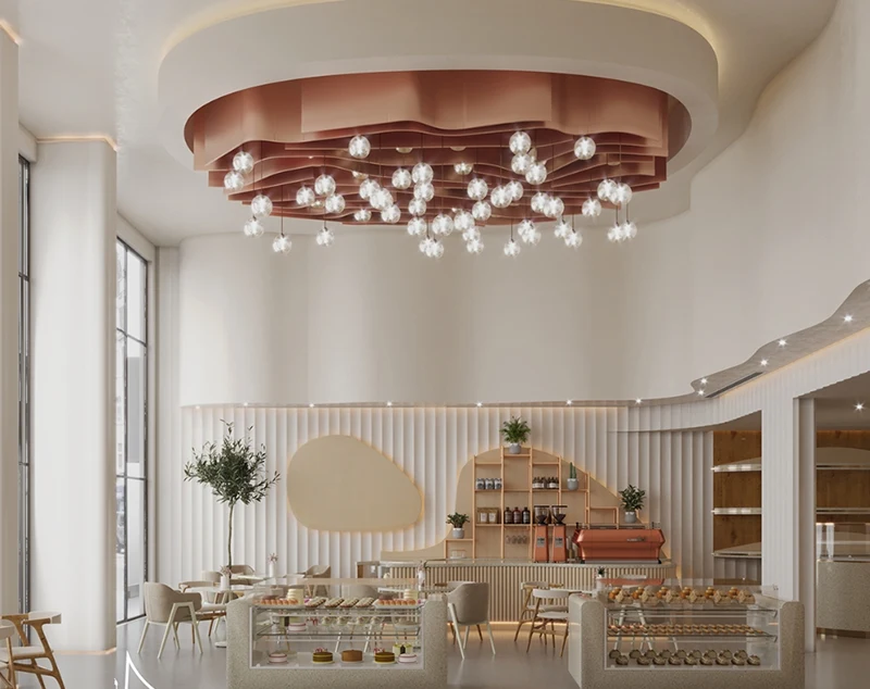 ONI-Shopfitting Cafe Shop Decoration: Soft-Toned Cafe Interior with Custom Display Counter & Candy Showcase