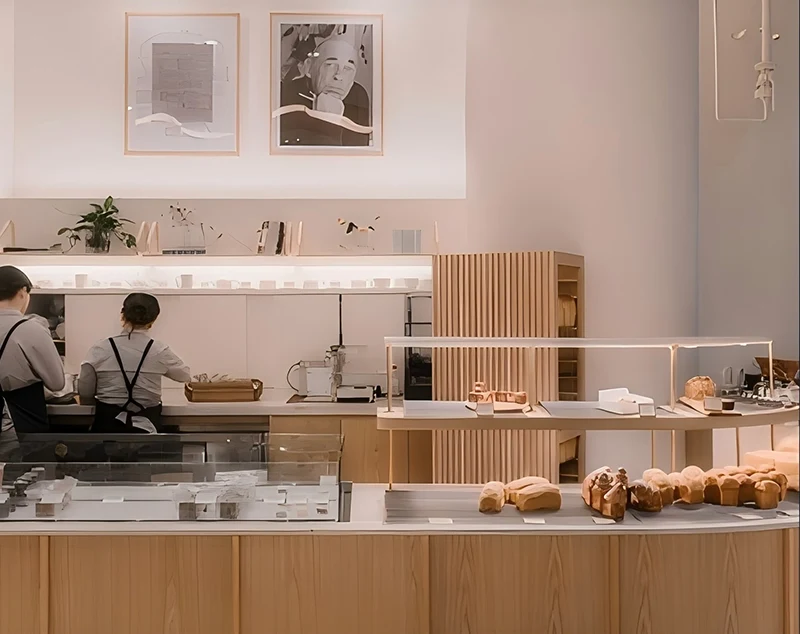 ONI-Shopfitting Glass Display Case for Retail Stores: Minimal Wooden Bakery Counter with Simple Showcase Design