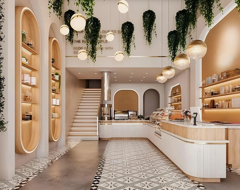 ONI-Shopfitting Elegant Coffee Shop Counter with Soft White Panels and Wood Display Accents