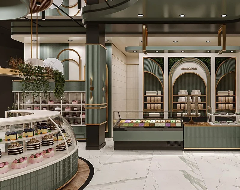 ONI-Shopfitting Bakery Cabinet Display with Arched Boutique Counters & Gold-Framed Retail Fixtures