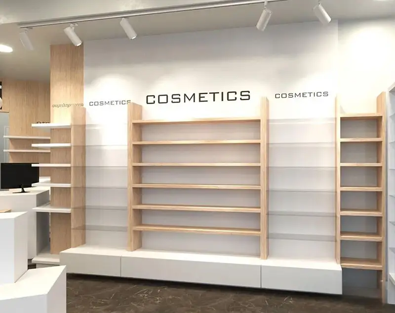 ONI DisplayWoodgrain Medical Space: Light-Toned Display Stands with White Backdrop Layout