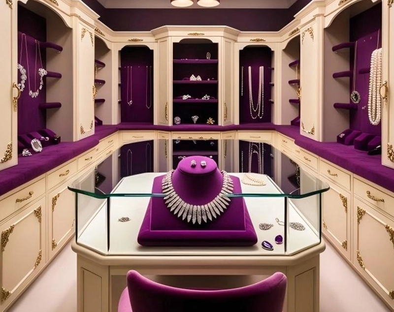 ONI Display Purple Velvet Walls & Antique-Gold Cases: Jewellery Boutique Window Display Artistry