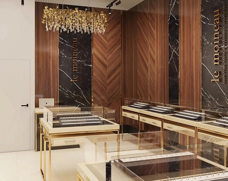 ONI Display Gold-Framed Crystal Boutique Design: Marble & Wood Luxury Jewellery Presentation