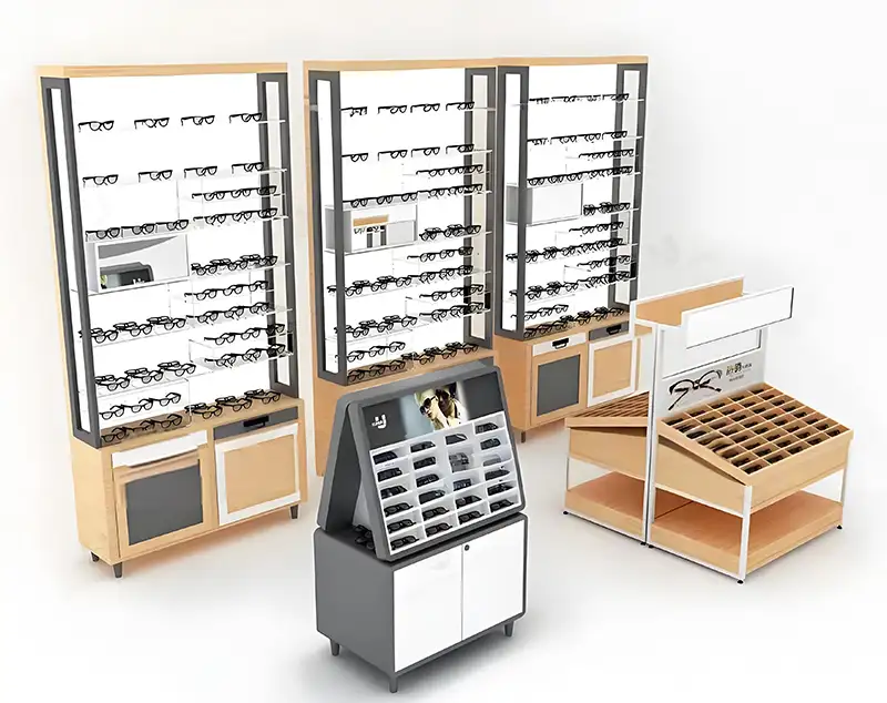 ONI Eyeglass Retail Kiosk: Light Wood & Glass Showcases with Antique Gold Accents, Modern Mall Display Design