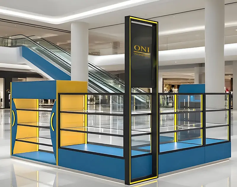 ONI Display Mobile Accessories Kiosk for Retail: Blue & Yellow Mall Counter Design