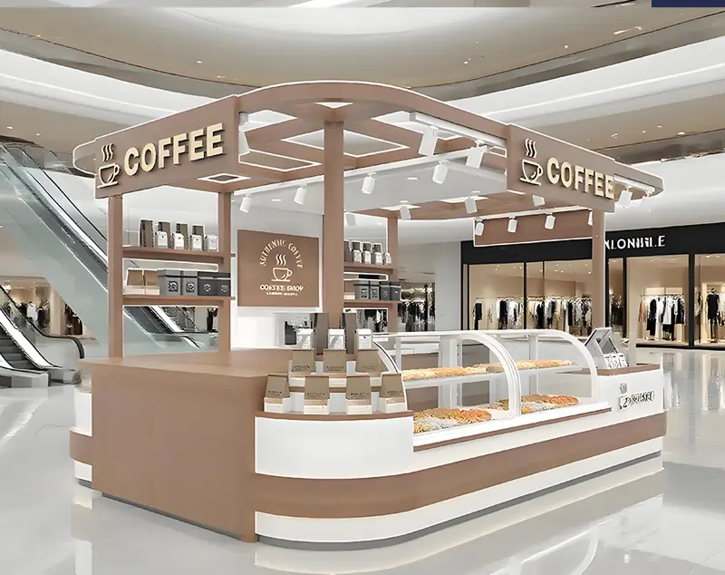 ONI Display + Natural Oak Coffee Kiosk Design: Warm Wood & White Harmony for Modern Retail
