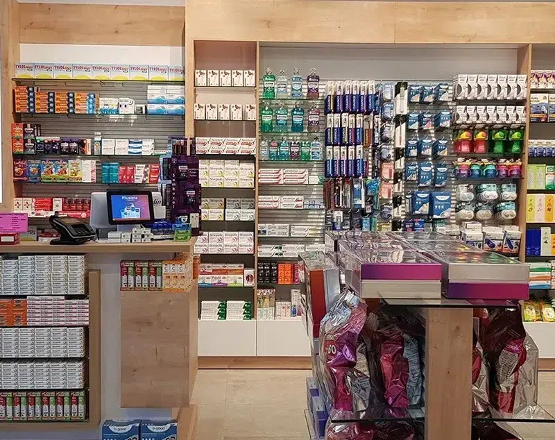 ONI Display Wooden Pharmacy Shelving with Display Rack Integration for Shopfitting Store