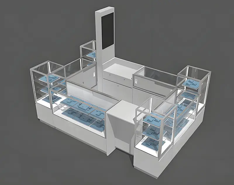 ONI Display Modern Elegance with Sleek Glass and Minimalist White: A Contemporary Jewelry Kiosk