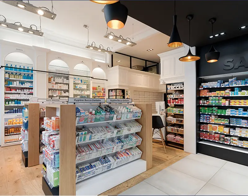 ONI Display Estante Farmacia en Blanco y Madera Natural — Diseño Clásico Moderno