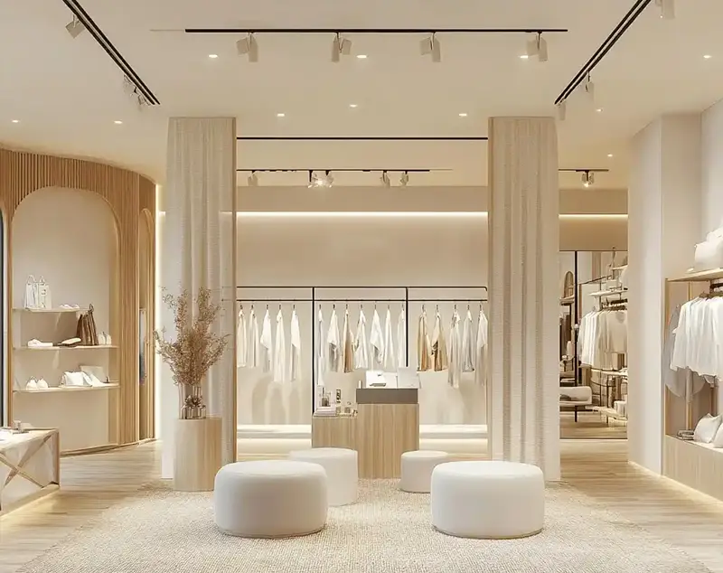 ONI Display Minimalist Retail Store Clothing Racks — Wooden & White Interior Design