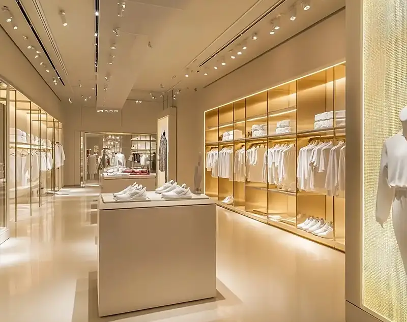 ONI Display Golden Beige Wall Display Cases: Minimalist Warmth in Boutique Clothing Store