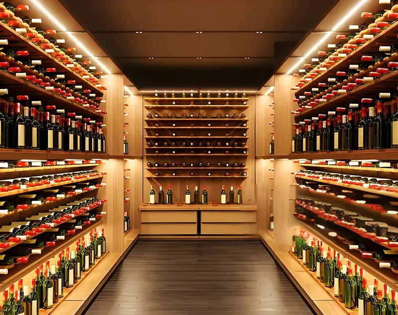 ONI Display Wood-Lined Small Wine Cellar with Integrated Shelf Bar and Metal Wine Holders