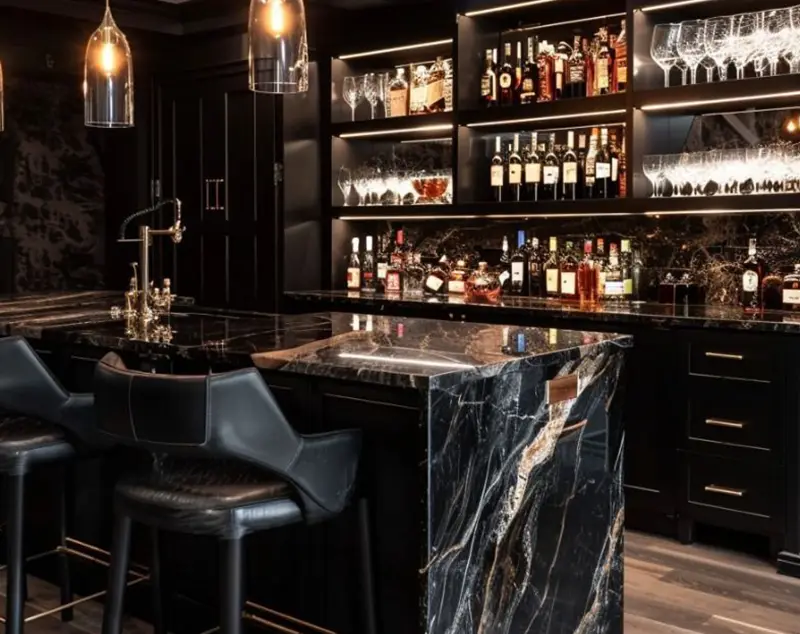 ONI Display Ebony & Marble Glass Bar Shelves — Luxury Wine Cabinet Design