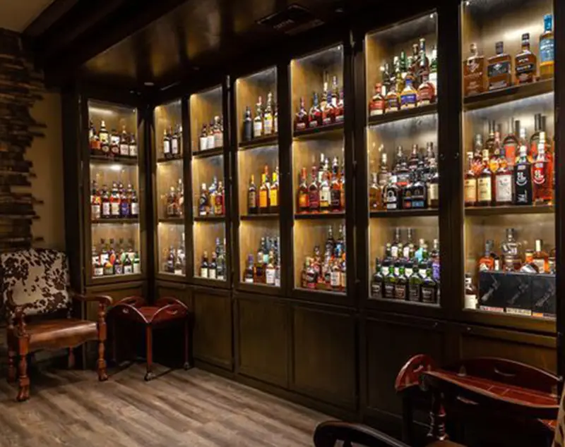 ONI Display Dark Wood Wine Cabinet with Brass Accents — Luxury Glass Shelving