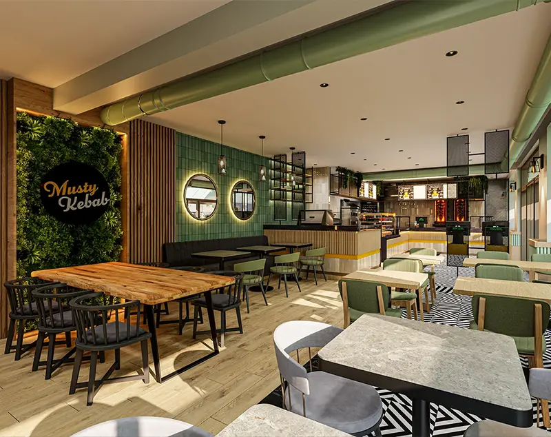 ONI Display Wooden & Stone Dining Tables with Green Chairs for the Dining Room: Modern Luxury Design