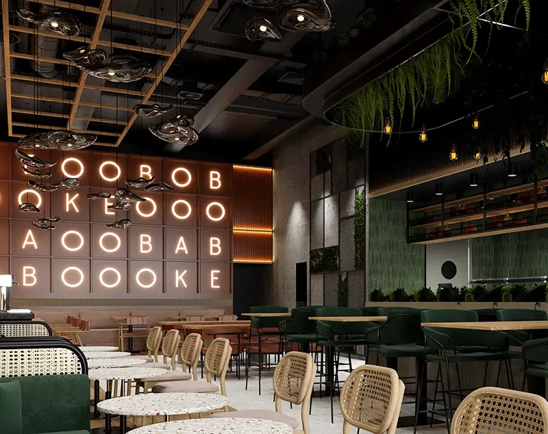 ONI Display Modern Tables for Dining Rooms with Warm Wood & Ambient Lighting