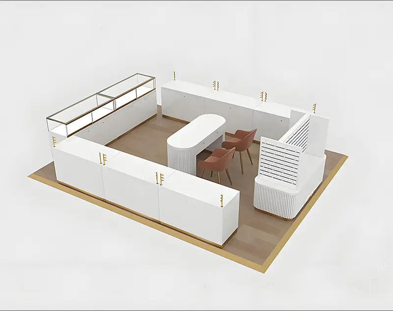 ONI Display Elegant White and Gold Custom Kiosk in Mall for Rent – Perfect Jewelry Display Solution