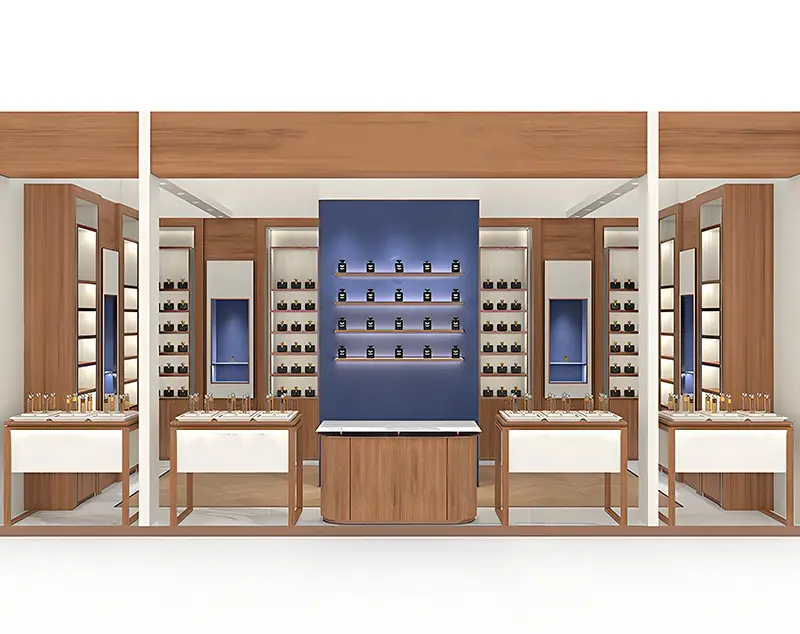 ONI Display Wooden Elegance with Blue Accents: Modern Mall Kiosk for Perfume Showcase