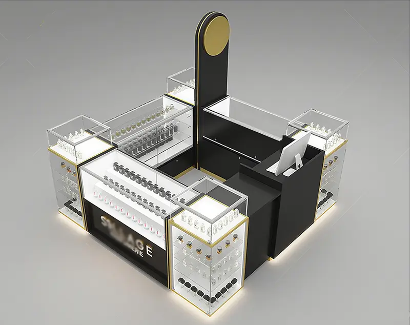 ONI Display Noir Gold Perfume Kiosk Design: Modern Elegance with Glossy Black and Golden Accents