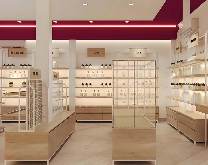 ONI Display Natural Wood Shelved Display Case: Minimalist Cosmetic Cabinet Design